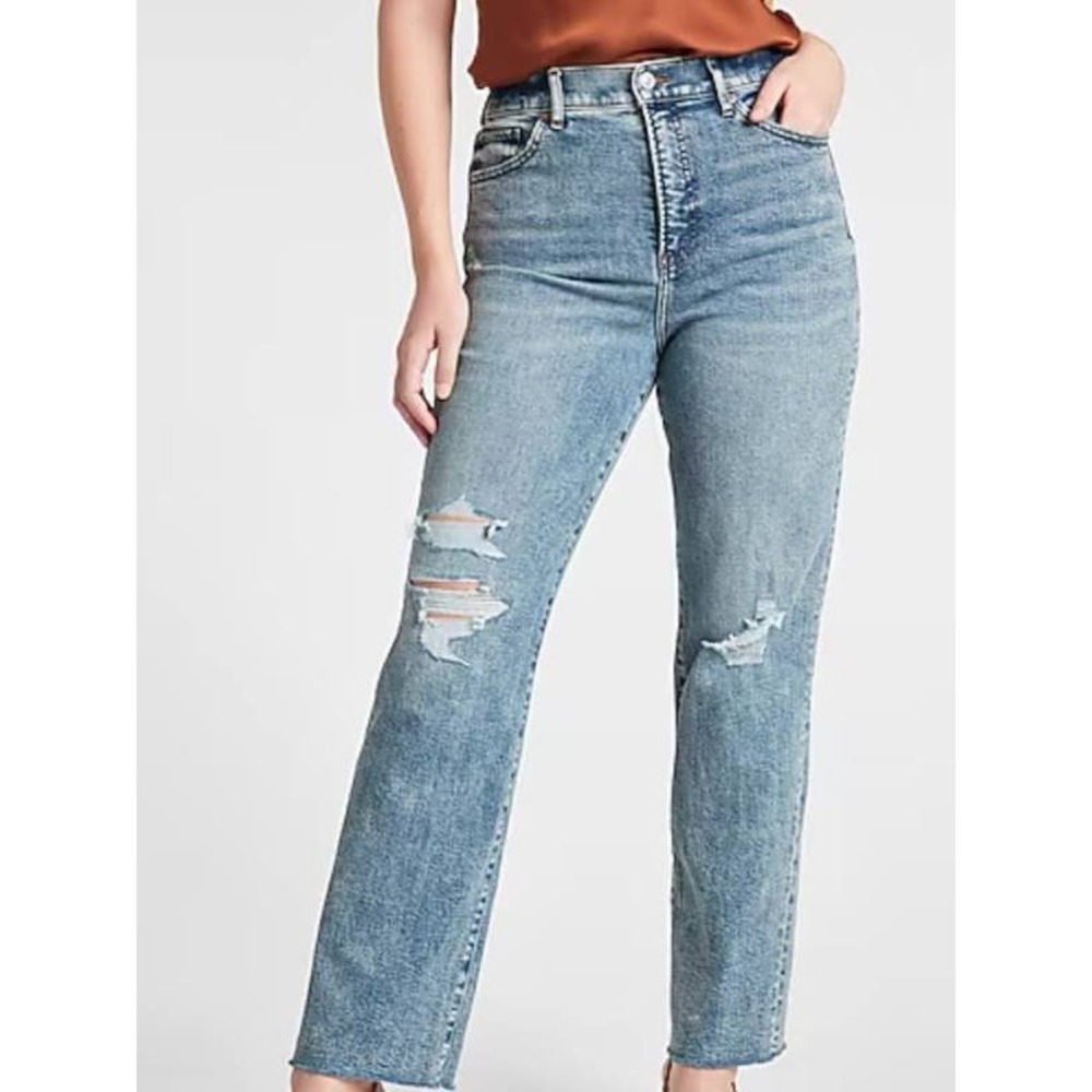Express High Rise Straight Distressed Medium Wash Raw Hem Jeans 27 Inseam